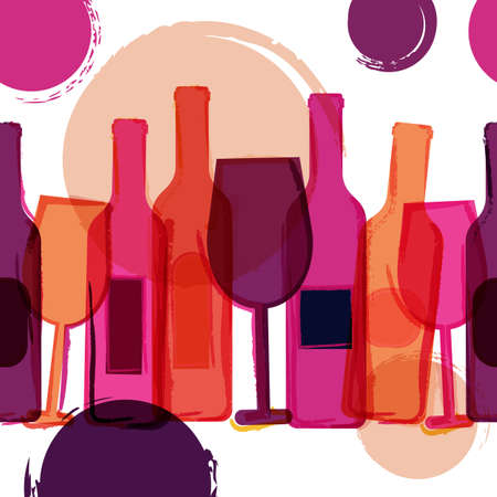 Abstract seamless vector background. Red, pink wine bottles, glasses and watercolor blots. Concept for bar menu, party, alcohol drinks, holidays, wine list, flyer, brochure, poster, banner.のイラスト素材