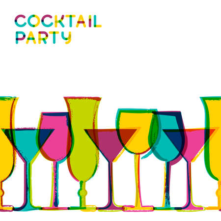 Multicolor cocktail glasses. Vector watercolor seamless background. Concept for bar menu, party, alcohol drinks, wine list. Creative trendy design for  flyer, brochure, poster, banner.のイラスト素材