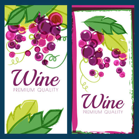 Vector illustration of pink grape vine and green leaves. Set of colorful watercolor backgrounds. Concept for wine list, label, banner, menu, flyer, brochure design template.のイラスト素材