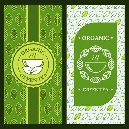Set of vector backgrounds for label, package or banner. Seamless pattern with linear green tea leaves and cup. Logo icon design. Concept for cafe, menu, shop, flyer design, natural organic product.のイラスト素材
