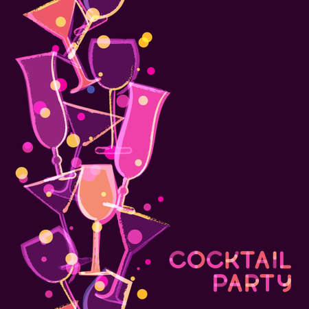 Abstract multicolor glowing cocktail glass. Vector watercolor seamless vertical background. Creative concept for bar menu, party, alcohol drinks, holidays, wine list, flyer, brochure, poster, banner.のイラスト素材