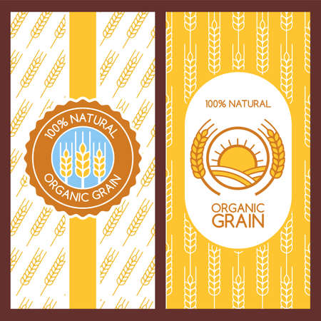 Set of vector backgrounds for label, package, banner. Seamless pattern with linear wheat ears. Abstract flat logo design. Concept for organic products, harvest, grain, flour, bakery, healthy food.のイラスト素材