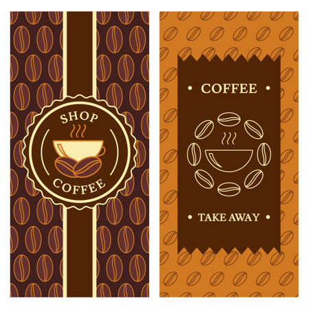 Set of vector backgrounds  for label, package or banner. Seamless pattern with linear coffee beans and cup. Abstract logo icon design. Concept for cafe, restaurant, menu, shop, flyer, poster design.のイラスト素材