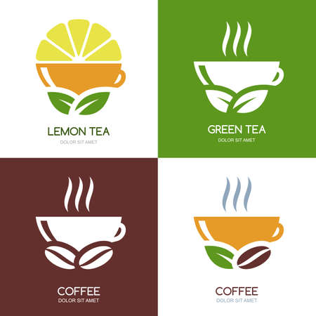 Set of vector green tea and hot coffee flat logo icons. Abstract concept for bar menu, coffee or tea shop, cafe, organic product.のイラスト素材