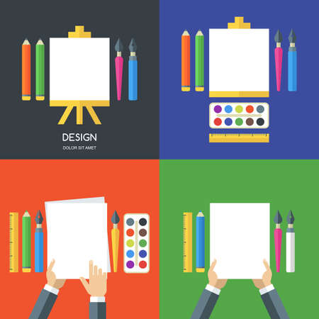 Set of vector flat illustrations of tools, art supplies for design, painting, creativity. Vector icon set of pen, pencil, brush, white blank sheet of paper on easel. Concept for stationery, school.のイラスト素材