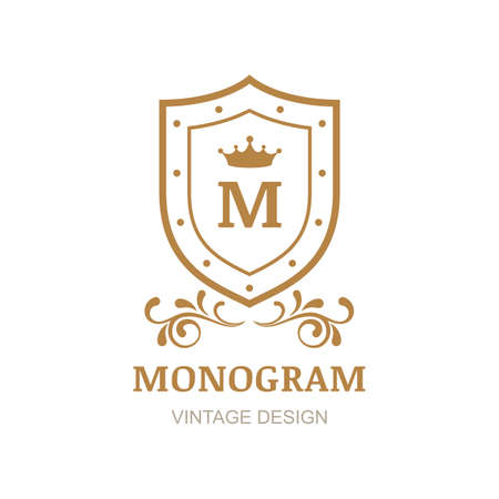 Golden crown, shield and flourish vintage ornament, vector  . Decorative retro frame background. Design for boutique, hotel, restaurant, jewelry, fashion, heraldic, emblem.のイラスト素材