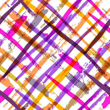 Seamless watercolor bold plaid pattern with colorful diagonal stripes. Vector hand painted background in pink, purple, orange colors. Trendy design for fashion print, holiday package and wrapping.のイラスト素材