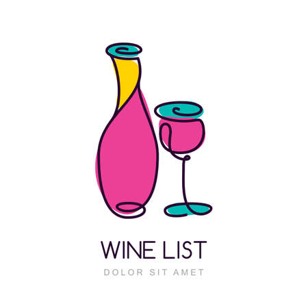 Vector illustration of colorful wine bottle and glass.   design template. Trendy concept for wine list, bar menu, alcohol drinks.のイラスト素材