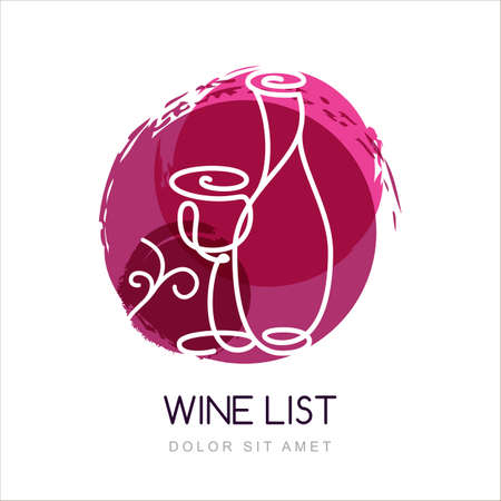 Vector illustration of linear wine bottle and glass in watercolor circle splash.   design template. Concept for wine list, bar menu, alcohol drinks.のイラスト素材