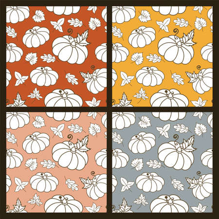 Set of multicolor seamless pattern with linear style pumpkins. Thanksgiving background. Autumn harvest illustration. Doodle print design.のイラスト素材