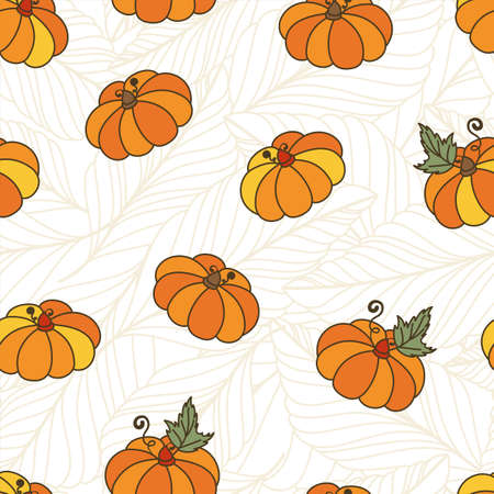 seamless pattern with orange pumpkins and autumn leaves. Thanksgiving background. Autumn harvest illustration. Colorful doodle print design.のイラスト素材