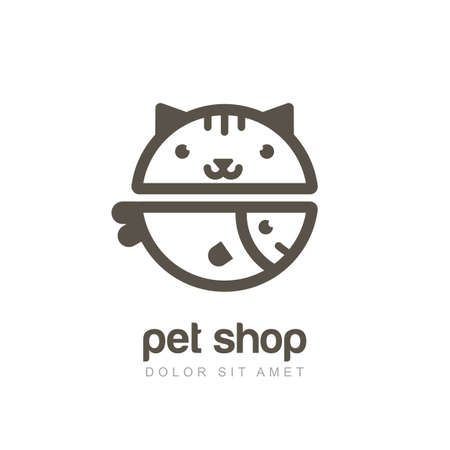 linear illustration of funny muzzle of cat and smiling fish. Logo icon design template. Abstract concept for pet shop or veterinary.のイラスト素材