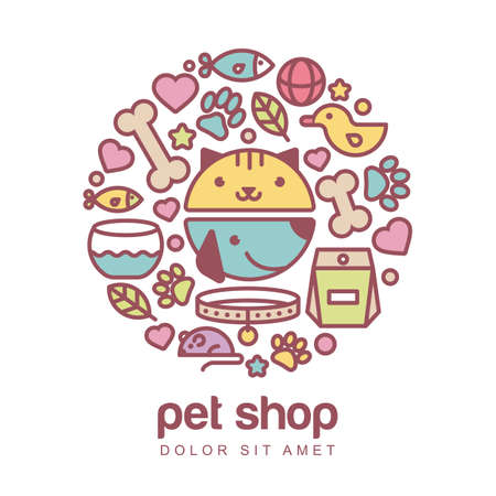 Flat style colorful illustration of funny muzzle of cat and dog. Goods for animals, icons set. Abstract design concept for pet shop or veterinary.のイラスト素材