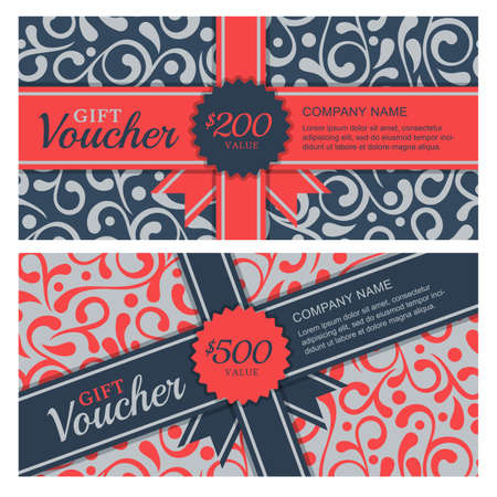 gift voucher with flourish ornament background and ribbon. Decorative business card template. Floral design concept for boutique, beauty salon, spa, fashion, flyer, invitation.のイラスト素材