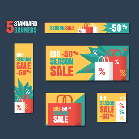 Set of standard vector banners template. Season sale background, flat colorful illustration. Concept for buying goods via internet store, online shopping, banner, flyer design.のイラスト素材