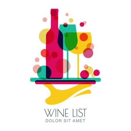 Abstract colorful illustration of human hand holding tray with wine bottle and two glasses. Vector logo design template. Concept for wine list, bar menu, alcohol drinks.のイラスト素材