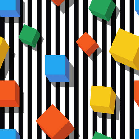 Vector seamless geometric pattern. Flat style multicolor cubes and black, white striped background. Trendy design concept for fashion textile print.のイラスト素材