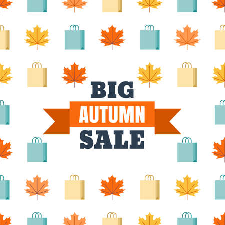 Big autumn sale banner white background. Vector flat style illustration with colorful maple leaves and shopping bags. Concept for buying goods via internet store, online shopping, flyer design.のイラスト素材