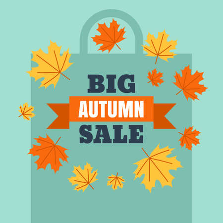 Big autumn sale banner background with shopping bag silhouette. Vector flat style illustration with colorful maple leaves. Concept for buying goods via internet store, online shopping, flyer design.のイラスト素材