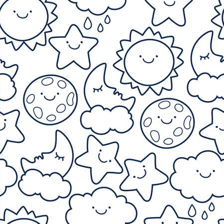 Funny sketching line style illustration of star, sun, cloud, moon. Vector seamless cartoon pattern. Black and white background. Design concept for fashion textile print.のイラスト素材