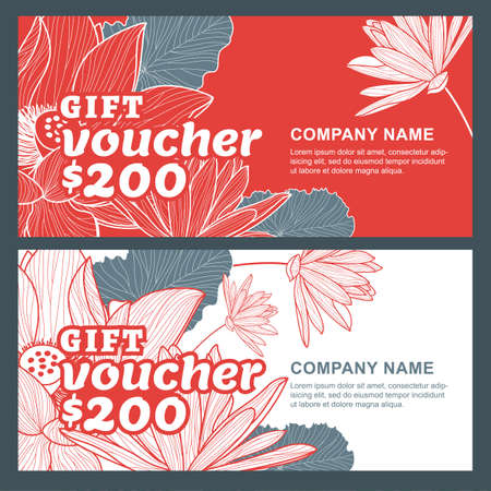 Vector gift voucher with lotus, lily flowers. Business floral card template. Abstract red and white background. Concept for boutique, beauty salon, spa, flyer, banner design.のイラスト素材