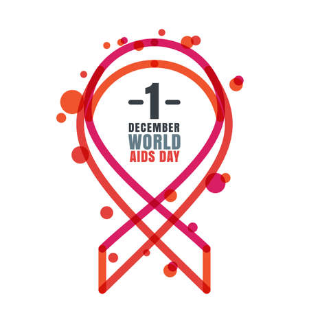 Vector trendy illustration of red linear ribbon aids symbol and text. Concept for 1st December World Aids Day. Transparent flat icon. Abstract background.のイラスト素材