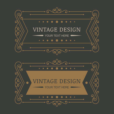 Set of vector retro style decorative flourish frames. Calligraphic golden ornaments. Abstract background. Design concept for boutique, hotel, restaurant, floral shop, fashion, heraldic emblem.のイラスト素材