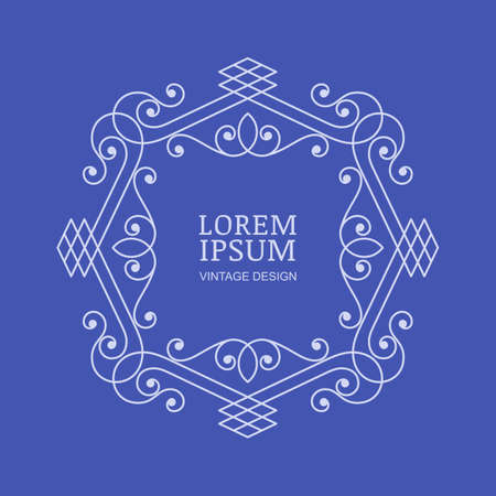 Vector vintage flourish frame. Abstract logo design template. Decorative blue background. Design concept for boutique, hotel, restaurant, floral shop, jewelry, fashion, heraldic emblem.のイラスト素材