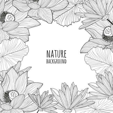 Vector square frame with hand drawn lotus and lily flowers. Black and white floral background. Design concept for wedding invitation, save the date, birthday card, flyer, banner design.のイラスト素材