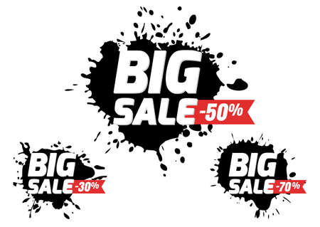 Set of vector isolated sale badges, labels and black watercolor backgrounds. Hand drawn banner template. Trendy design concept for special offer, poster, flyer design, shopping tag, discount card.のイラスト素材