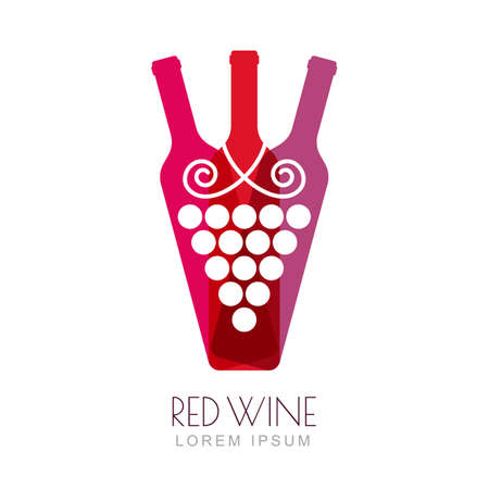 Vector grape vine and wine bottles, negative space logo design template. Colorful trendy illustration. Concept for wine list, bar menu, alcohol drinks, wine label.のイラスト素材