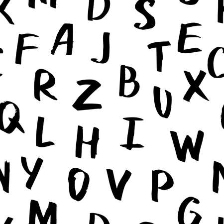 Vector seamless pattern with watercolor latin alphabet. Doodle hand painted font abstract background. Black and white illustration of letters. Design for fashion print, school or education theme.のイラスト素材