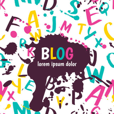 Vector watercolor blog sign and multicolor seamless pattern with hand drawn latin alphabet, splashes and stains. Hand painted letters, abstract ink background. Trendy bright blog design.のイラスト素材