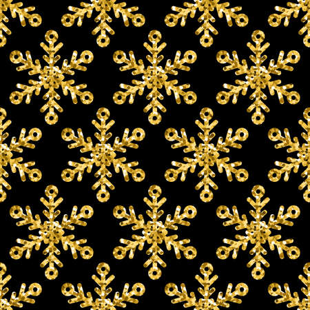 Vector seamless holiday pattern with golden glitter snowflakes. Abstract luxury glow background....