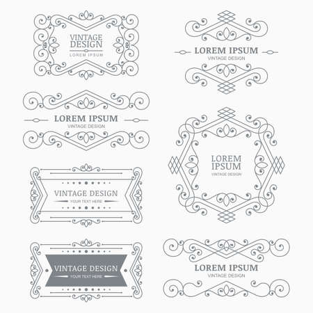 Set of vector vintage flourish frames, elements, linear symbols, logo. Abstract decorative background. Trendy design concept for boutique, hotel, restaurant, floral shop, jewelry, fashion, emblem.のイラスト素材