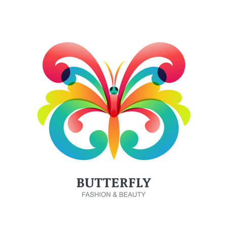 Vector illustration of colorful decorative butterfly. Abstract creative logo sign. Modern Trendy design concept for beauty salon, fashion, spa, natural organic cosmetics, makeup, visage, accessories.のイラスト素材