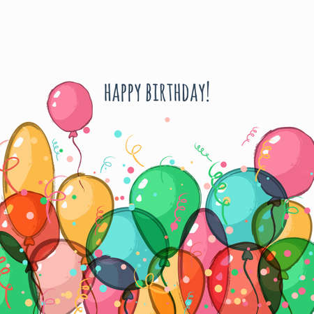Birthday greeting card with colorful vector air balloons. Watercolor hand drawn background with place for text. Trendy concept for holiday banner, festival decoration, flyer design.のイラスト素材