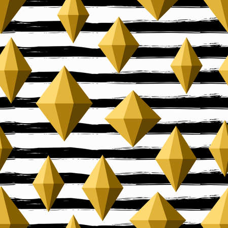 Vector hand drawn seamless repeat pattern with golden diamond crystals on black and white watercolor striped background. Trendy design concept for fabric design, textile print, wrapping paper or web.のイラスト素材