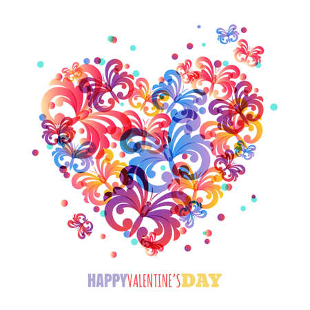 Valentines day background. Vector greeting card template with colorful butterflies in heart shape. Abstract romantic illustration. Design concept for holiday postcard, flyer, banner, poster.のイラスト素材
