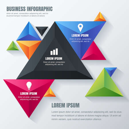 Vector business infographic design template with colorful triangle pyramids. Concept for brochure, flyer, poster, banner. Multicolor geometric material background with place for text.のイラスト素材