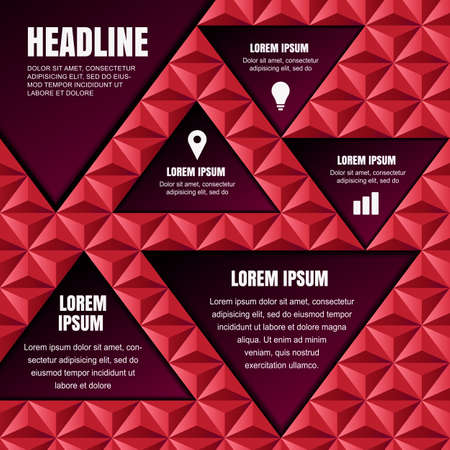 Vector universal design template with abstract flat geometric background. Triangle pyramids pattern in red color. Concept for brochure, flyer, poster, banner and business infographic.のイラスト素材