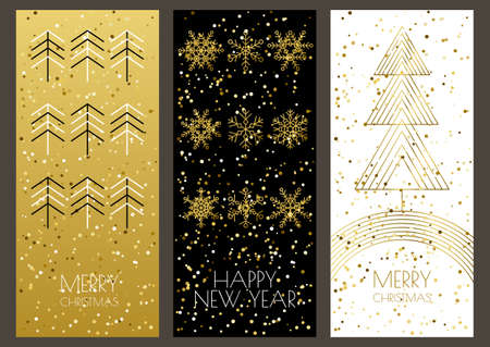Merry Christmas or Happy New Year greeting cards set with vector golden outline  snowflakes and xmas tree. Trendy design template for holiday backgrounds, flyer, invitation, banner.のイラスト素材
