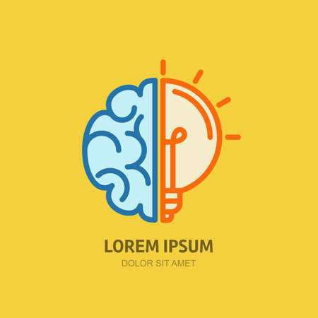 Vector logo icon with brain and light bulb. Abstract flat illustration. Design concept for business solutions, high technology, development, invention and innovation, creativity, scientific themes.のイラスト素材