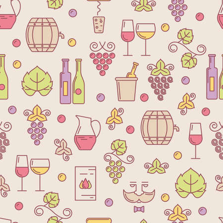 Vector seamless pattern with wine bottle, glass, grape vine, leaf. Food and drink linear illustration. Design for wine list, bar or restaurant menu, natural alcohol drinks. Abstract background.のイラスト素材