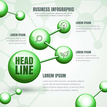 Business infographic template. Vector green molecular structure background. Concept for science, ecology, biotechnology, chemical industry themes. Design for banner, brochure, presentation, flyer.のイラスト素材