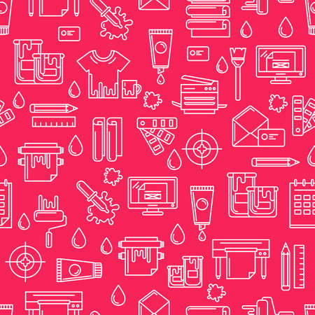 seamless magenta pattern with white outline printing symbols and icons. Abstract background. Design concept for copy center, printing service, publishing design.のイラスト素材