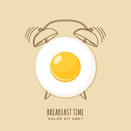 Fried egg and outline alarm clock, illustration of breakfast. Concept for breakfast menu, cafe, restaurant.  design template. Food background.のイラスト素材