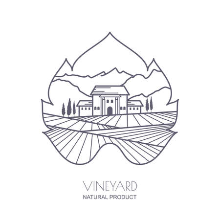 Tuscany landscape with vineyard fields, villa, mountains in grapes leaf shape. Outline illustration of rural landscape. Trendy concept for wine list, bar or restaurant menu, labels and package.のイラスト素材