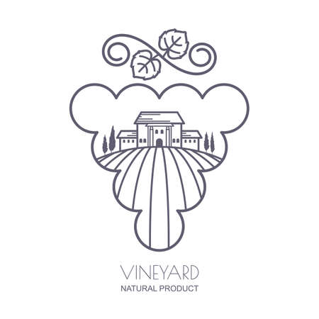 Tuscany landscape with vineyard fields, villa, trees in grape berries shape. Outline illustration of rural landscape. Trendy concept for wine list, bar or restaurant menu, labels and package.のイラスト素材