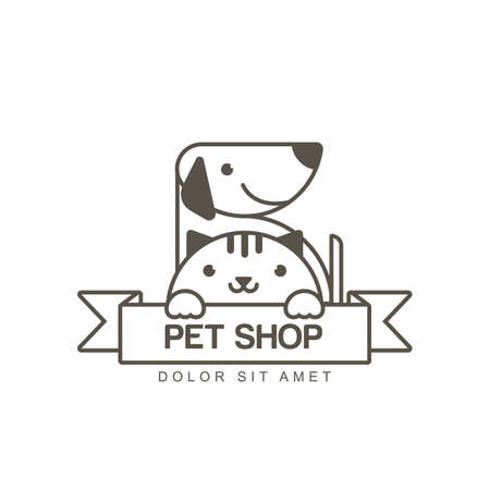 outline illustration of cute muzzle of cat and smiling dog. icon design template. Trendy concept for pet shop or veterinary.のイラスト素材